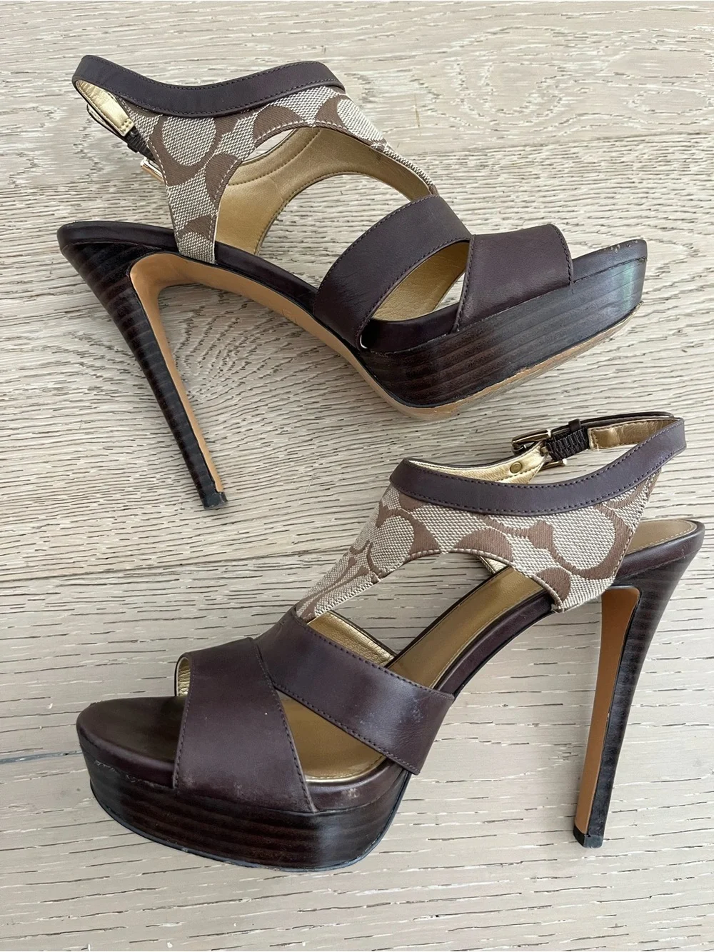 Coach Brown Leather Dita Platform Sandals High Heels w/ Logo Sz 8.5